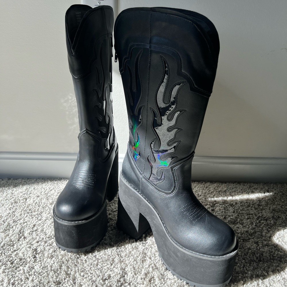 Black flame Cowboy Platform Boots